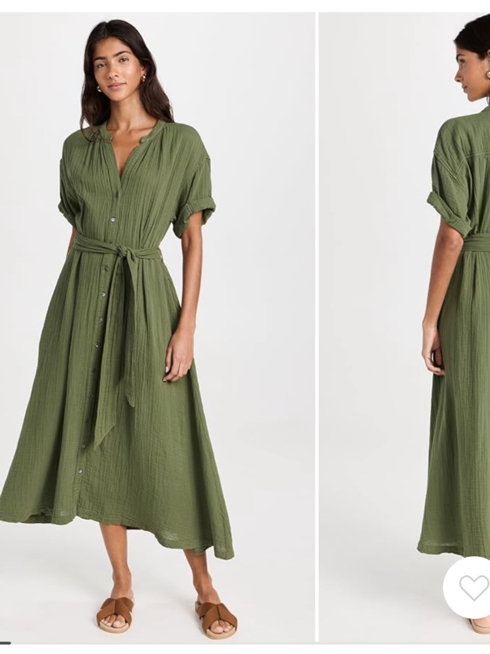XiRENA Olive Green Button-Front Dress with Tie Waist